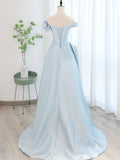 Blue Satin Tulle Long Prom Dress, Off Shoulder Formal Evening Dress HZ0429