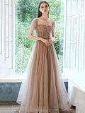 Off Shoulder Tulle Sequins Long Prom Dress, A-Line Formal Dress HZ0429