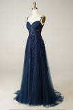 Navy Tulle and Lace Long Prom Dress, Lovely Spaghetti Strap Evening Dress HZ0429