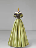 Green Satin Lace Long Prom Dress, Beautiful A-Line Evening Dress with Bow HZ0429
