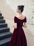 Burgundy V-Neck Velvet Long Prom Dress, Off Shoulder Evening Party Dress HZ0429
