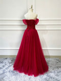 Burgundy Tulle Beaded Long Formal Dress, Off Shoulder Evening Party Dress HZ0429