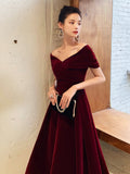 Burgundy V-Neck Velvet Long Prom Dress, Off Shoulder Evening Party Dress HZ0429