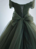 Green Tulle Long Prom Dress, A-Line Off Shoulder Evening Dress HZ0429