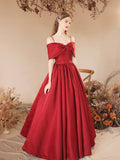 Burgundy Satin Beaded Long Prom Dress, Cute Off Shoulder Evening Dress HZ0429