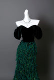 Emerald Green Fringe Mermaid Prom Dress Off-the-Shoulder Velvet Bodice Formal Evening Gown HZ0429