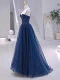 Blue Tulle Beaded Long Formal Dress, Blue Evening Dress HZ0429
