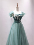 Green Velvet Tulle Tea Length Prom Dress, Cute A-Line Party Dress with Lace HZ0429