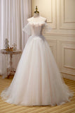 Champagne Lace Long A-line Prom Dress, Off the Shoulder Evening Dress HZ0429