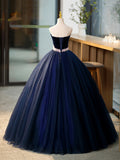 Blue Tulle Long Formal Dress with Velvet, Blue Sweetheart Neck Prom Dress HZ0429