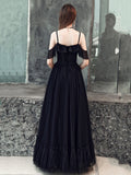 Black Spaghetti Strap Tulle Floor Length Formal Dress, A-Line Black Party Dress with Lace HZ0429