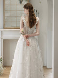 White Tulle Lace Long Formal Dresses, Off Shoulder Evening Dresses HZ0429