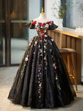 Black Tulle Long Prom Dress with Lace Flowers, Beautiful Off Shoulder Evening Gown HZ0429