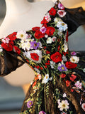 Black Tulle Long Prom Dress with Lace Flowers, Beautiful Off Shoulder Evening Gown HZ0429