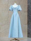 Blue Satin Pearl Long Prom Dress, A-Line Blue Evening Party Dress HZ0429