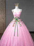 Pink Tulle Flower Long Prom Dresses, Lovely Spaghetti Formal Dresses Sweet 16 Dresses HZ0429