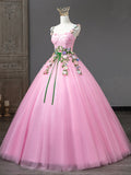 Pink Tulle Flower Long Prom Dresses, Lovely Spaghetti Formal Dresses Sweet 16 Dresses HZ0429