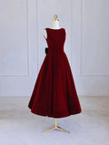 Burgundy Tea Length Velvet Prom Dress with Bowknot,  Burgundy Evening Party Dress HZ0429