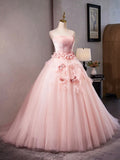 Pink Velvet and Tulle Long A-Line Prom Dress, Beautiful Strapless Evening Dress with Flowers HZ0429