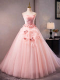 Pink Velvet and Tulle Long A-Line Prom Dress, Beautiful Strapless Evening Dress with Flowers HZ0429
