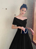 Black V-Neck Velvet Knee Length Prom Dress, Black Evening Party Dress HZ0429