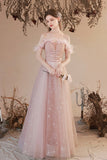 Pink Tulle Long A-line Prom Dress, Off the Shoulder Evening Dress HZ0429