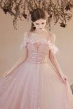 Pink Tulle Long A-line Prom Dress, Off the Shoulder Evening Dress HZ0429