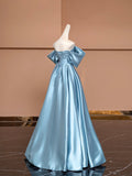 Blue Satin Floor Length Prom Dress, Off the Shoulder Evening Party Dress HZ0429