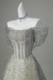 Off-the-Shoulder Silver Sequin Ball Gown with Beaded Corset HZ0429