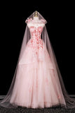 Sweetheart Neck Pink 3D Floral Applique Layered Tulle Ball Gown with Hooded Veil HZ0429