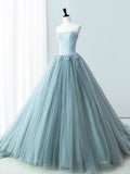 Blue Satin Tulle Long Prom Dress, Lovely Strapless Evening Dress HZ0429