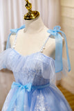 Blue Lace Knee Length Prom Dress, Lovely A-Line Homecoming Dress HZ0429