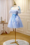 Blue Lace Knee Length Prom Dress, Lovely A-Line Homecoming Dress HZ0429