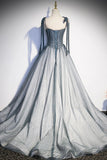 Gray Spaghetti Straps Long A-Line Prom Dress, Gray Evening Dress with Beaded HZ0429