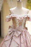Dusty Pink Floral Jacquard Prom Dress Off-the-Shoulder Big Bow Princess Ball Gown HZ0429