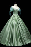 Green Satin Long A-Line Ball Gown, Green Short Sleeve Evening Gown HZ0429