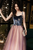 Cute Spaghetti Strap Velvet Tulle Long Prom Dress, A-Line Evening Dress HZ0429