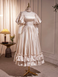 Champagne Satin Lace Long Sleeve Prom Dress, Champagne Evening Party Dress HZ0429