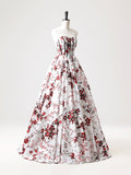 White Printed Pattern Long Party Dress, A-Line Strapless Evening Prom Dress HZ0429