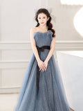 Gray Blue Tulle Long Prom Dress, Beautiful A-Line Strapless Evening Dress HZ0429