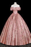 Pink Floral Jacquard Corset Gown, Sweetheart Neck Puffy Sleeve Formal Dress for Party Prom HZ0429