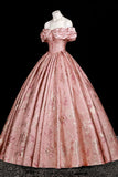 Pink Floral Jacquard Corset Gown, Sweetheart Neck Puffy Sleeve Formal Dress for Party Prom HZ0429