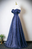 Blue Sequins Tulle Long Prom Dres, Elegant A-Line Off the Shoulder Party Dress HZ0429