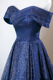 Blue Sequins Tulle Long Prom Dres, Elegant A-Line Off the Shoulder Party Dress HZ0429