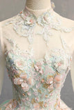 Green Tulle Lace Long Prom Dress, Elegant High Neck Long Sleeve Formal Dress HZ0429