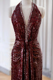 Burgundy Sequins Long Prom Dress, Mermaid V-Neck Evening Party Dress HZ0429