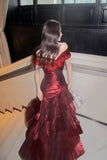 Burgundy Off Shoulder Mermaid Prom Dress Shiny Satin Floor-Length Party Gown HZ0429