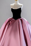 Black Velvet and Pink Satin Long Prom Dress, A-Line Strapless Evening Party Dress HZ0429