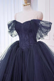 Navy Tulle Beads Long Prom Dress, Elegant Off the Shoulder Evening Party Dress HZ0429
