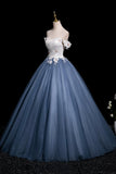 White Floral and Gray Tulle Long Prom Dress, Beautiful A-Line Party Dress HZ0429